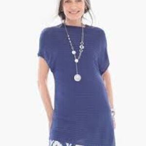 Chico’s Top New Mock Neck Tania Ribbed Knit Blue Cap Sleeve Asymmetrical Hem Med